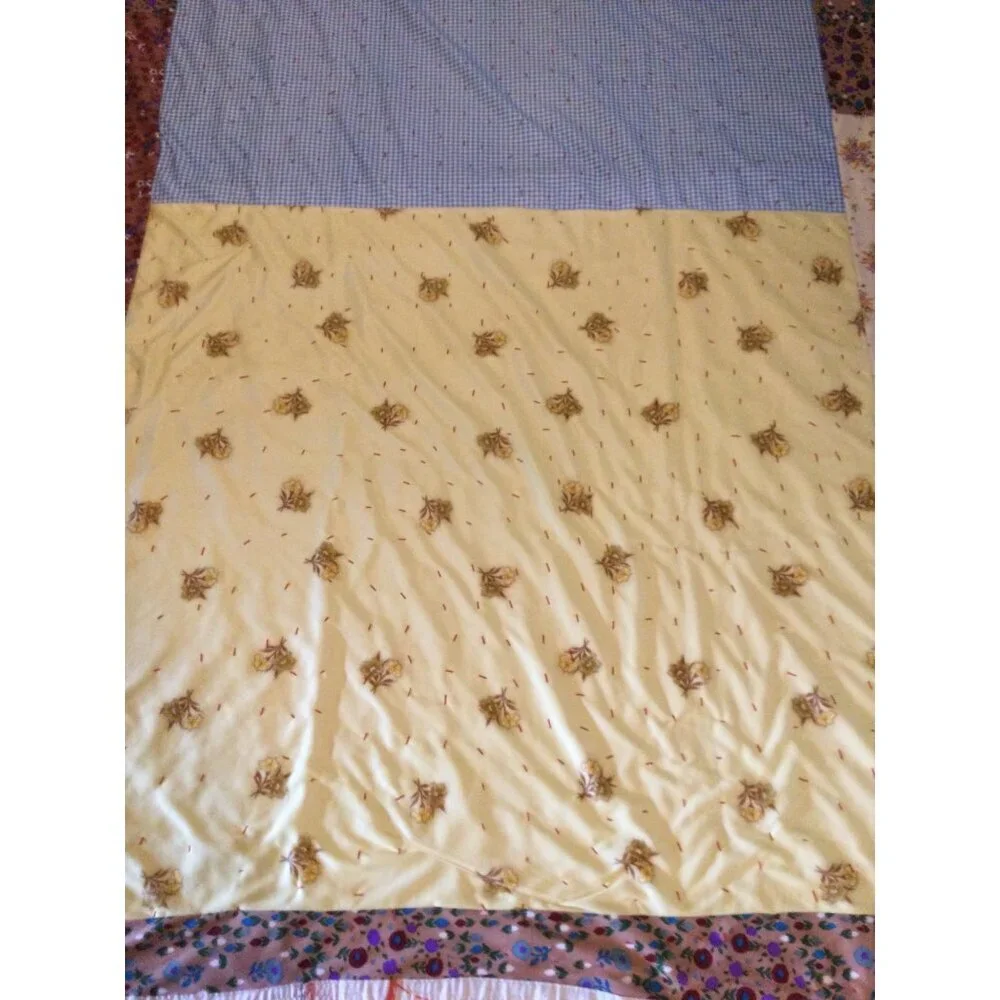 Vintage handmade Quilt Large Blocks floral gingham 82 x 105 blanket